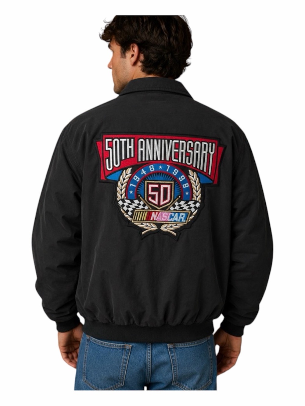 NASCAR 50th Anniversary Men's Sz L Hartwell ViaSport Patches Black Nylon Jacket